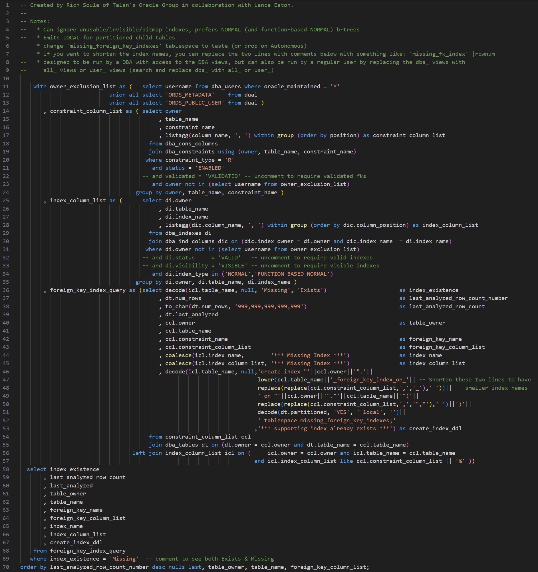 Finding Unindexed Foreign Keys in Oracle, now with EVEN BETTER index ...